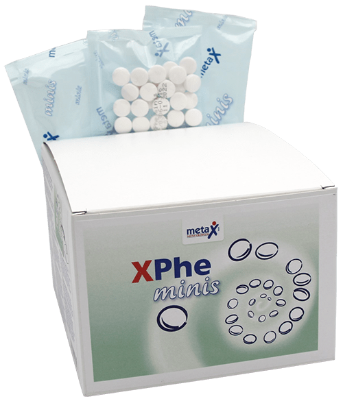XPhe minis Faltschachtel und Portionsbeutel mit Tabletten