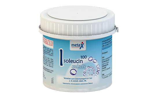 Isoleucine100 minis, for disorders of amino acid metabolism, e.g. maple syrup disease (MSUD), methylmalonic aciduria (MMA) or propionic aciduria (PA), if supplementation with L-isoleucine is required, highly concentrated, pressed and coated L-isoleucine in tablet form