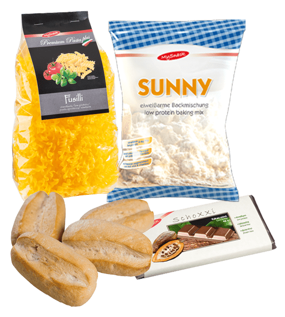 Arrangement of the products SUNNY, Premium Pasta plus Fusilli, Schoxxi and low-protein rolls