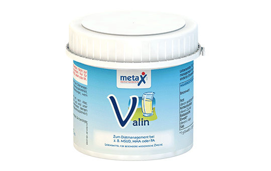 Valinin the case of amino acid metabolism disorders, e.g. maple syrup disease (MSUD), methylmalonic aciduria (MMA) or propionic aciduria (PA), if supplementation with L-Valin is required, highly concentrated L-Valin in powder form