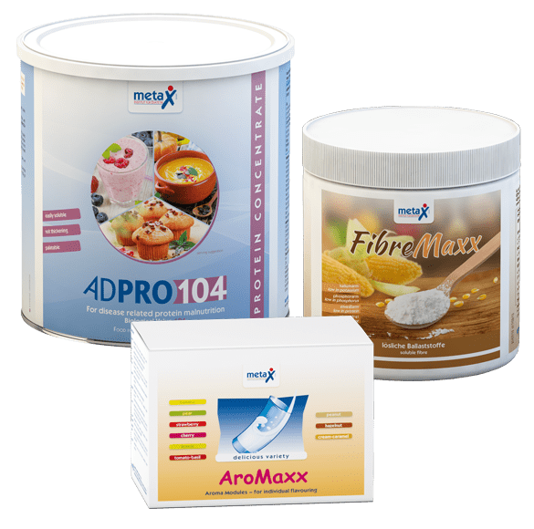 Arrangement of the products AdPro104 (tin), FibreMaxx (tin) and AroMaxx (folding box)