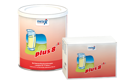 plus8 A, for urea cycle disorders such as argininemia, argininosuccinic acid disease, OTC deficiency, citrullinemia, hyperammonemia or hyperornithinemia, from the age of 15, highly concentrated protein supplement with all 8 (plus8) essential L-amino acids and the conditionally essential amino acid histidine in powder form