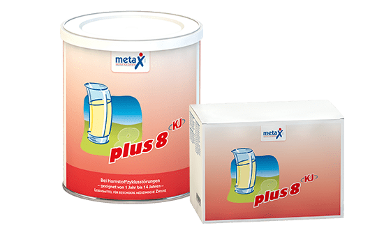 plus8 KJ, for urea cycle disorders such as argininemia, argininosuccinic acid disease, OTC deficiency, citrullinemia, hyperammonemia or hyperornithinemia, 1 to 14 years, highly concentrated protein supplement with all 8 (plus8) essential L-amino acids and the conditionally essential amino acid histidine in powder form