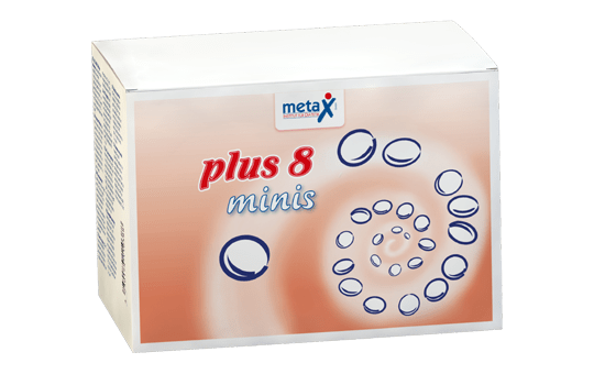 plus8 minis, for urea cycle disorders such as argininemia, argininosuccinic acid disease, OTC deficiency, citrullinemia, hyperammonemia or hyperornithinemia, from 3 years of age, highly concentrated protein supplement with all 8 (plus8) essential L-amino acids and the conditionally essential amino acid histidine in tablet form