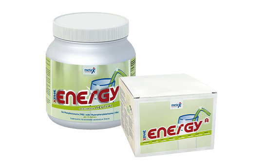 XPhe energy A for phenylketonuria or hyperphenylalaninemia, from the age of 15, highly concentrated phenylalanine-free protein supplement in powder form with extra energy