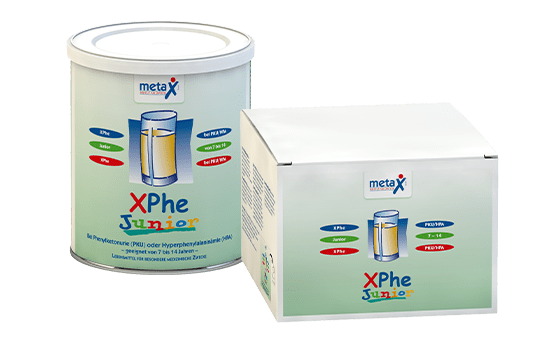 XPhe Junior, for phenylketonuria or hyperphenylalaninemia, 7 to 14 years, highly concentrated phenylalanine-free protein supplement in powder form