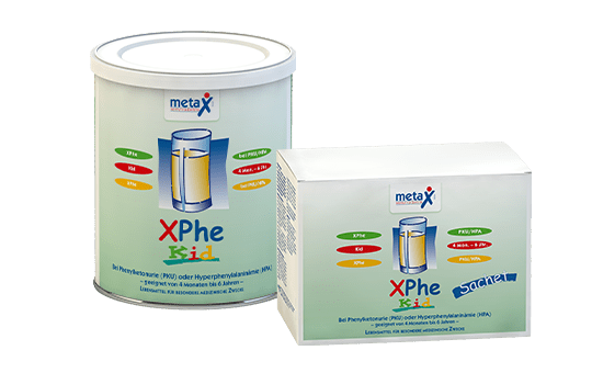 XPhe Kid, for phenylketonuria or hyperphenylalaninemia, 4 months to 6 years, highly concentrated phenylalanine-free protein supplement in powder form