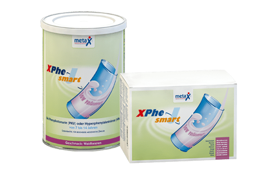 XPhe smart J, for phenylketonuria or hyperphenylalaninemia, 7 to 14 years, highly concentrated phenylalanine-free protein supplement in powder form with few calories