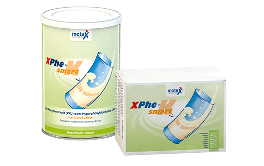 XPhe smart K, for phenylketonuria or hyperphenylalaninemia, 3 to 6 years, highly concentrated phenylalanine-free protein supplement in powder form with few calories