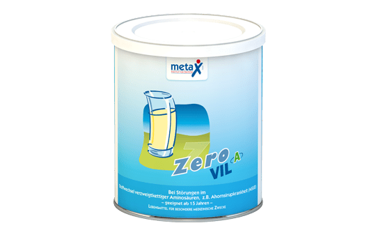 ZeroVIL A, for disorders in the metabolism of branched-chain amino acids, e.g. maple syrup disease (MSUD), from the age of 15, highly concentrated protein supplement free from Valin, isoleucine and leucine (VIL) in powder form