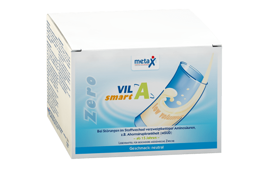 ZeroVIL smart A, for disorders in the metabolism of branched-chain amino acids, e.g. maple syrup disease (MSUD), from the age of 15, highly concentrated protein supplement free from Valin, isoleucine and leucine (VIL) in powder form with few calories